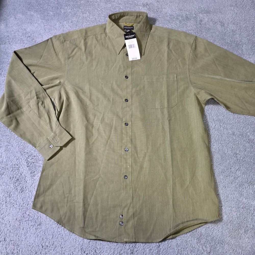 Reunion Mens Medium Button Down Shirt Green Caper Long Sleeve Micro Check NWT